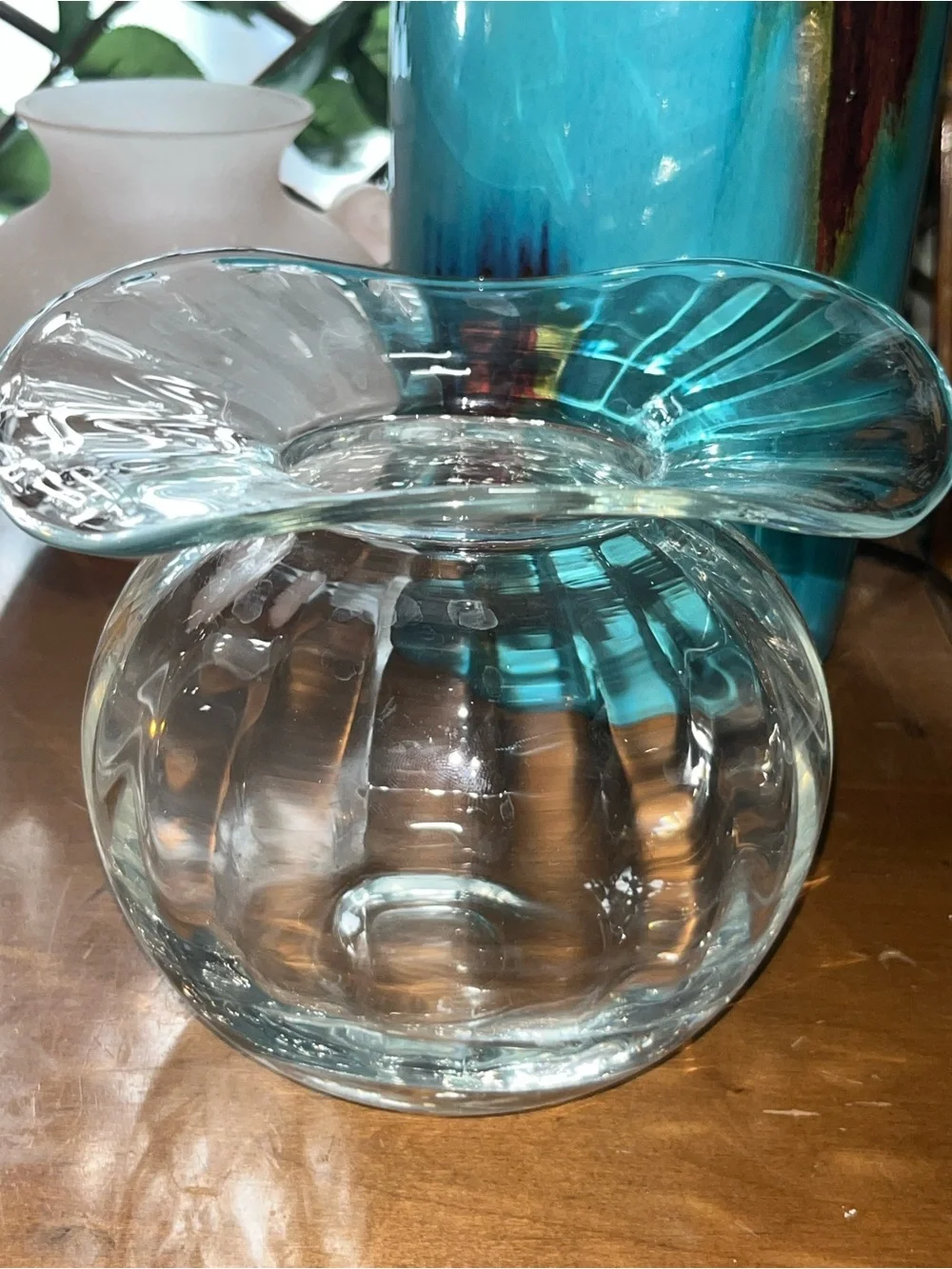 Vintage Mid-Century Modern Clear Paneled Swung Glass Vase MCM Stretch Art Glass
